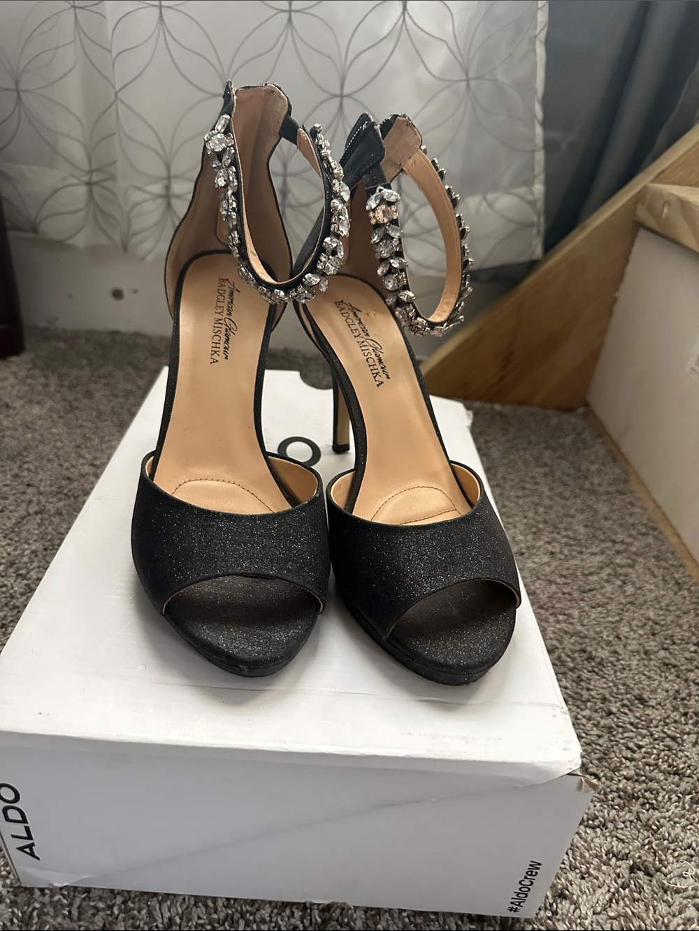 Aldo Black Crystal-Ankle Open-Toe Platform Heels
